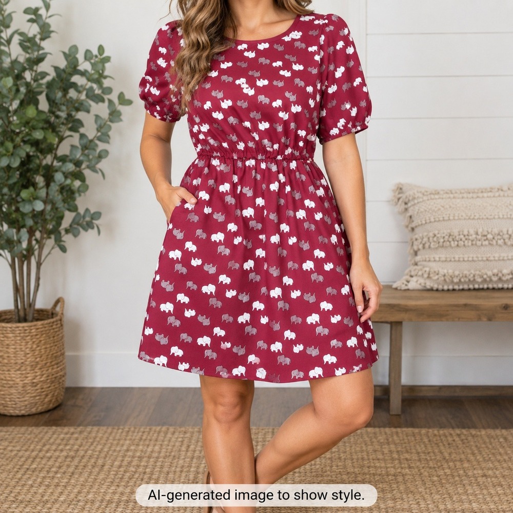 Everly Elephant Print Mini Dress Lined Pockets NO BELT Elastic Waist Women Small